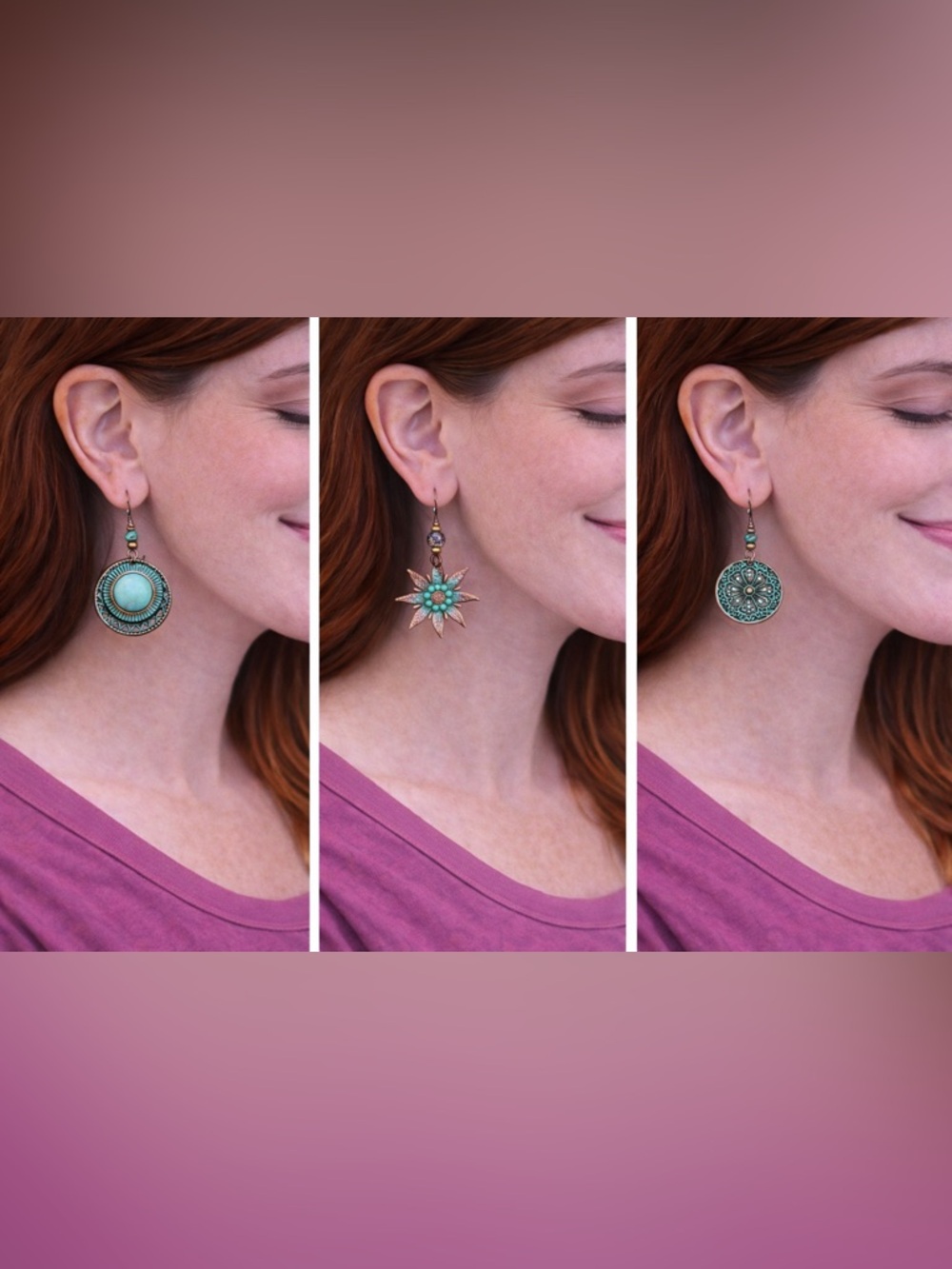 Turquoise and Copper Colored Bohemian Earrings Set Trio #2031 - Picture 3 of 3
